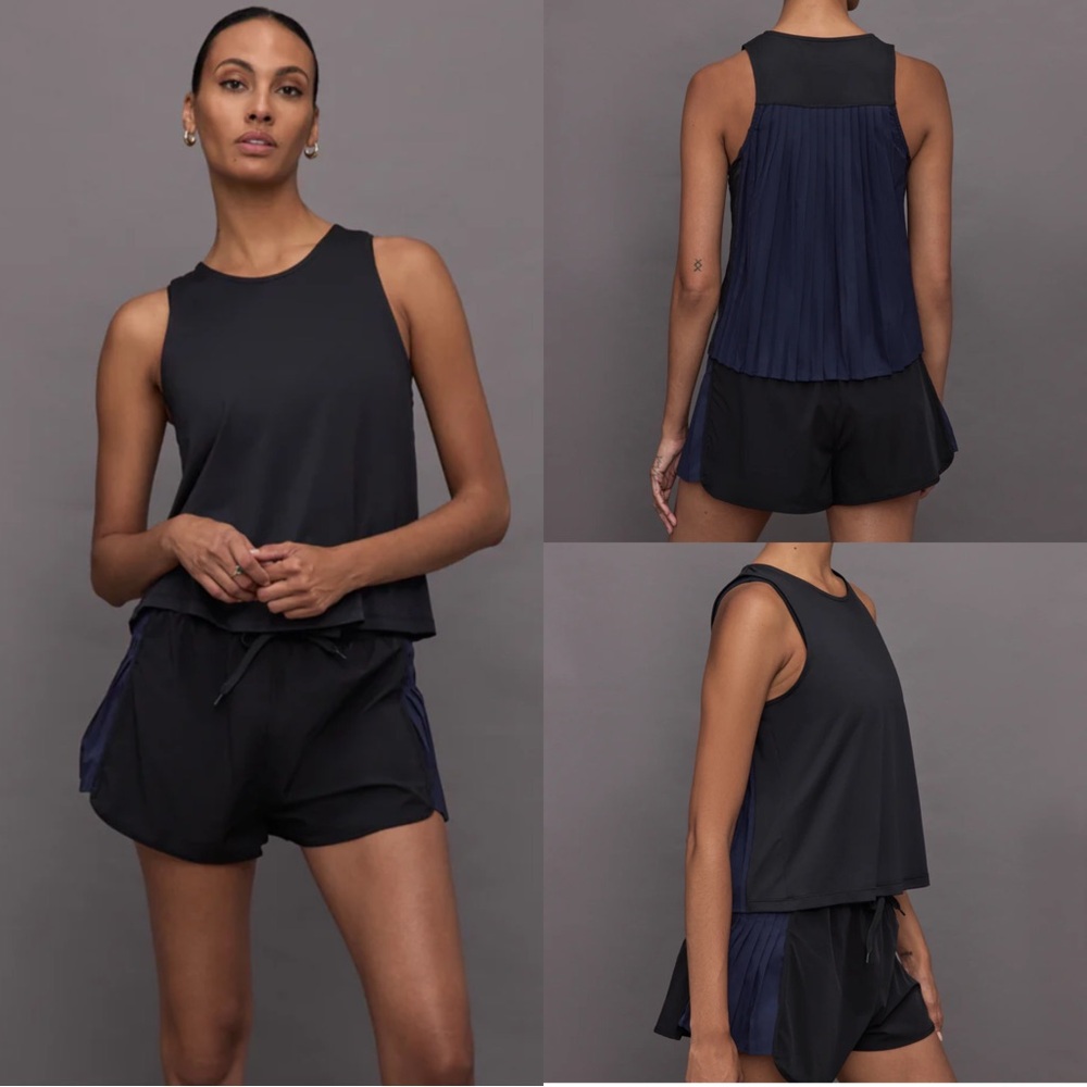 NWT CARBON38 Pleated Shorts S and Pleated Tank M Matching Set Black Navy